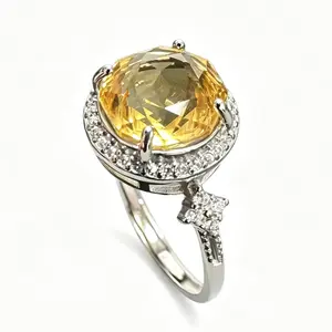 Natural Citrine Halo Ring | 925 Silver Adjustable 10×10mm