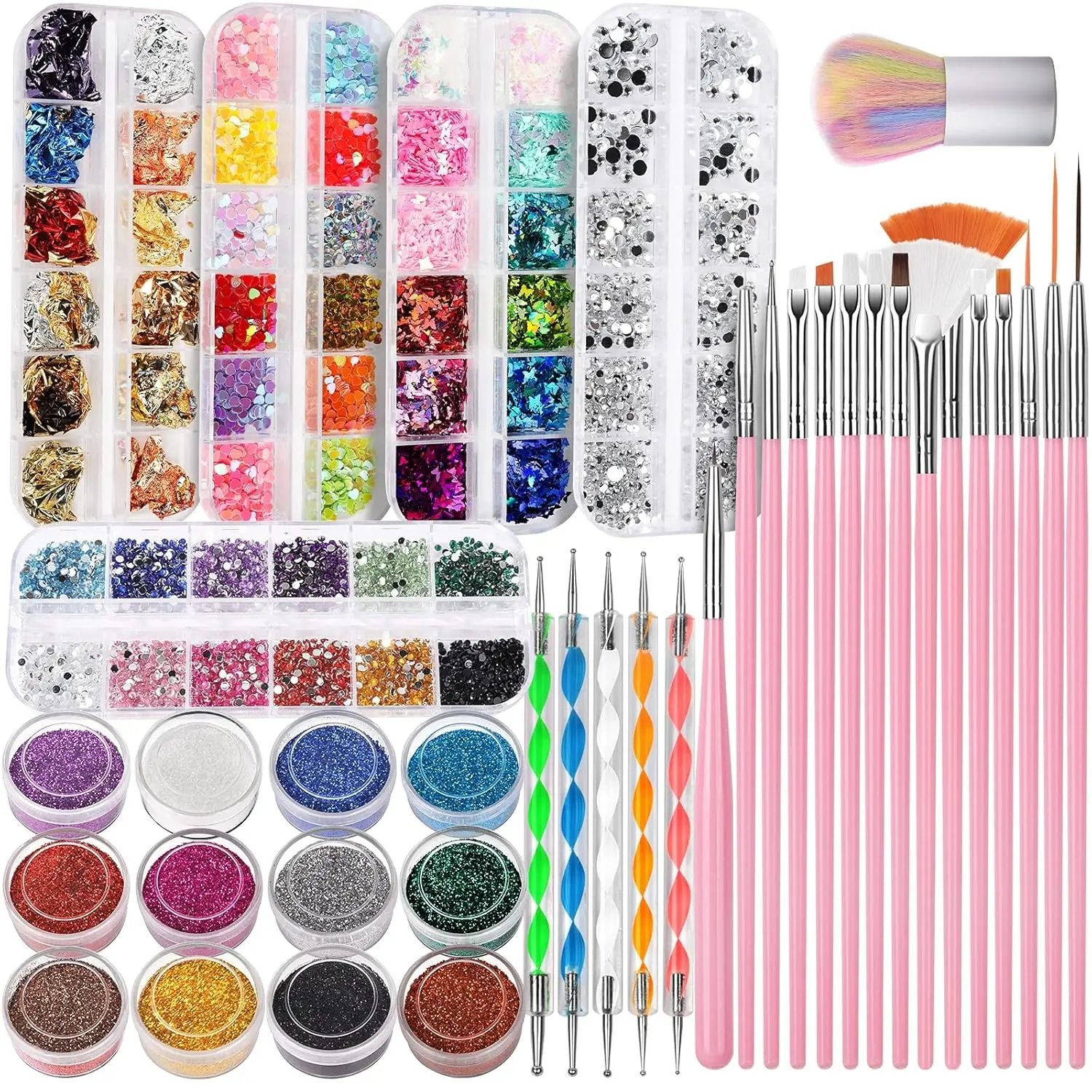 27-Piece Nail Art Accessories and Brush Tool Kit, Nail Art Set, Includes Nail Brushes, Rhinestone Pick-Up Pen, Glitter Powder, Metallic Foil, Rhinestones, Sequins, Dust Brush, Suitable for Nail Salons, Home DIY, Professional Nail Artists
