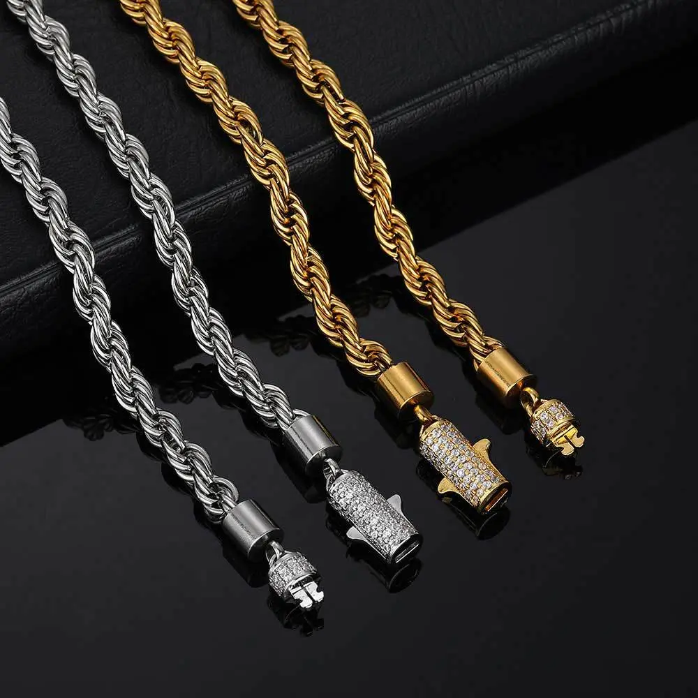 Diamond-encrusted clasp 6mm stainless steel twisted chain men's necklace hip-hop jewelry titanium steel bracelet