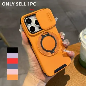 Luxury Slide Window Lens Protection Ring Stand Phone Case for iPhone 17 16 15 14 13 Pro Max, Durable Protective Cover