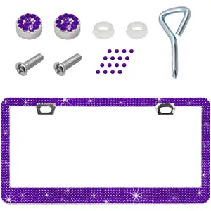 License Plate Frame, Sparkling Stainless Steel Auto License Plate Frame with Rhinestones, Bling  License Plate Holder, Universal Exterior  Accessories (Purple)