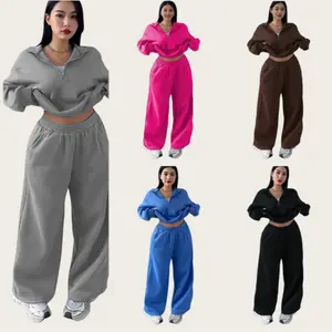 Casual Women's Clothing Fashion Semi-open Placket Sweater and Trousers Two-piece Set Casual Autumn and Winter Models