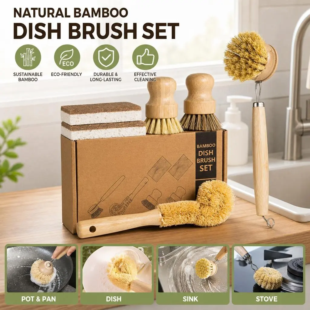 6-Piece Bamboo Kitchen Cleaning Tool Set with Coconut Sponge - Natural Wooden Scrub Brush with Sisal-Palm Bristles, Biodegradable Plastic-Free Non-Scratch Kitchen Accessories for Dishes, Pots, Comfortable for Seniors, Durable Utensils Bottle Handles, Long