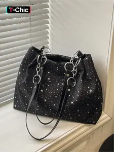 Large capacity dark style sweet and cool star printed tote bag with a sense of luxury, retro and lazy style, pleated shoulder bag for work, shopping, and short trips
