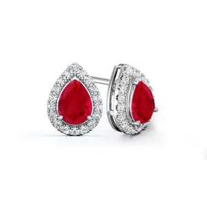Lab Grown Gemstone Ruby Stud Earrings Pear 1.00 ct. tw. 14k White Gold Halo