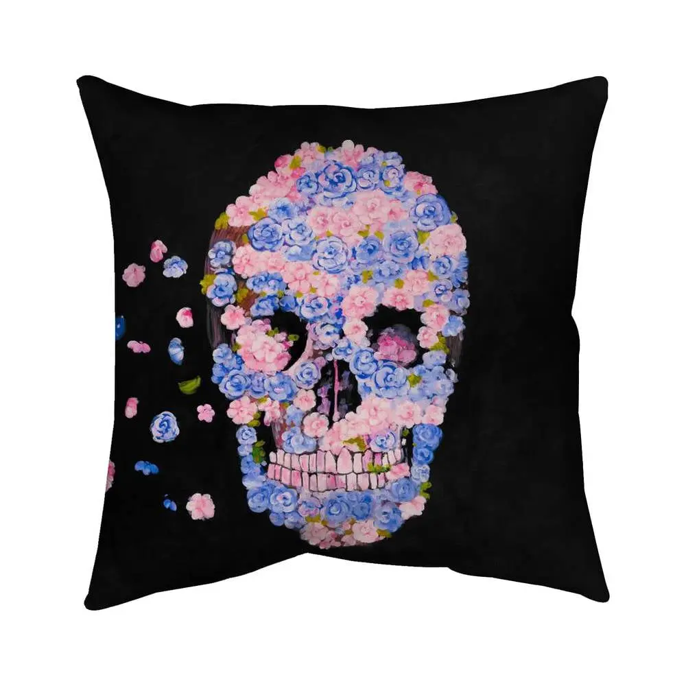 16x16 in. Floral Skull Pillow with 360 Stand - Creative Decorative Cushion, Polyester Print 5542-1616-MI58, UV Protected, Flower-Encrusted Skull Design, Home Soft Furnishings, Novelty Standard Pillow, Alternative Art