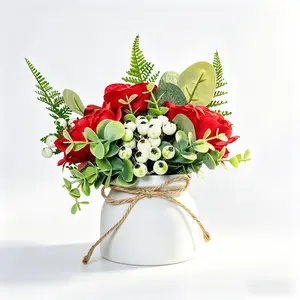Artificial Red Rose and Berry Potted Plant with A White Pot Decorated with Jute Rope. Low-maintenance and Easy To Display, Floral Arrangements for Living Rooms and Dining Tables, Prop for Indoor and Outdoor Photography, Artificial Potted Flower.