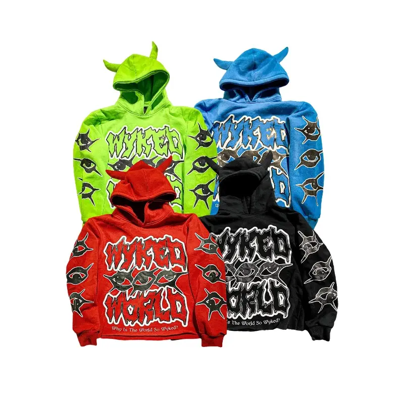 Grunge Streetwear Sweatshirt, Women's Neon Green Oversized Polyester Top with 'Wicked World' Graphic, Devil Horns & Kangaroo Pocket, Sweatshirts, Tops, Graphic Hoodies, Graphic Print