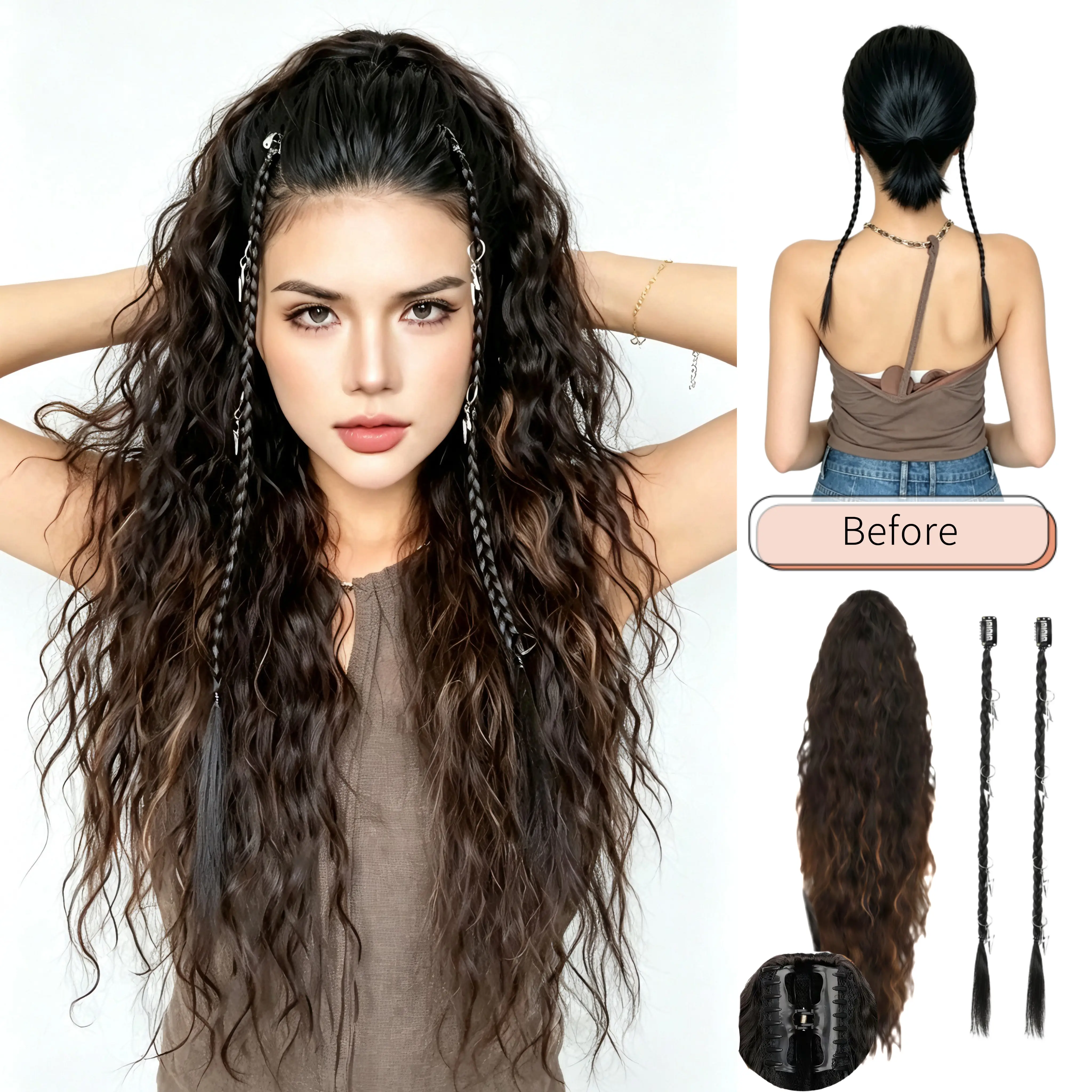 【Buy One Ponytail And GetTwo Free Braids 】30 Inch Fluffy Wavy Ponytail Extension for Women, Natural Looking Claw Clip Synthetic Hairpiece in Black Brown with 2 Braids & Charms for Daily Wear