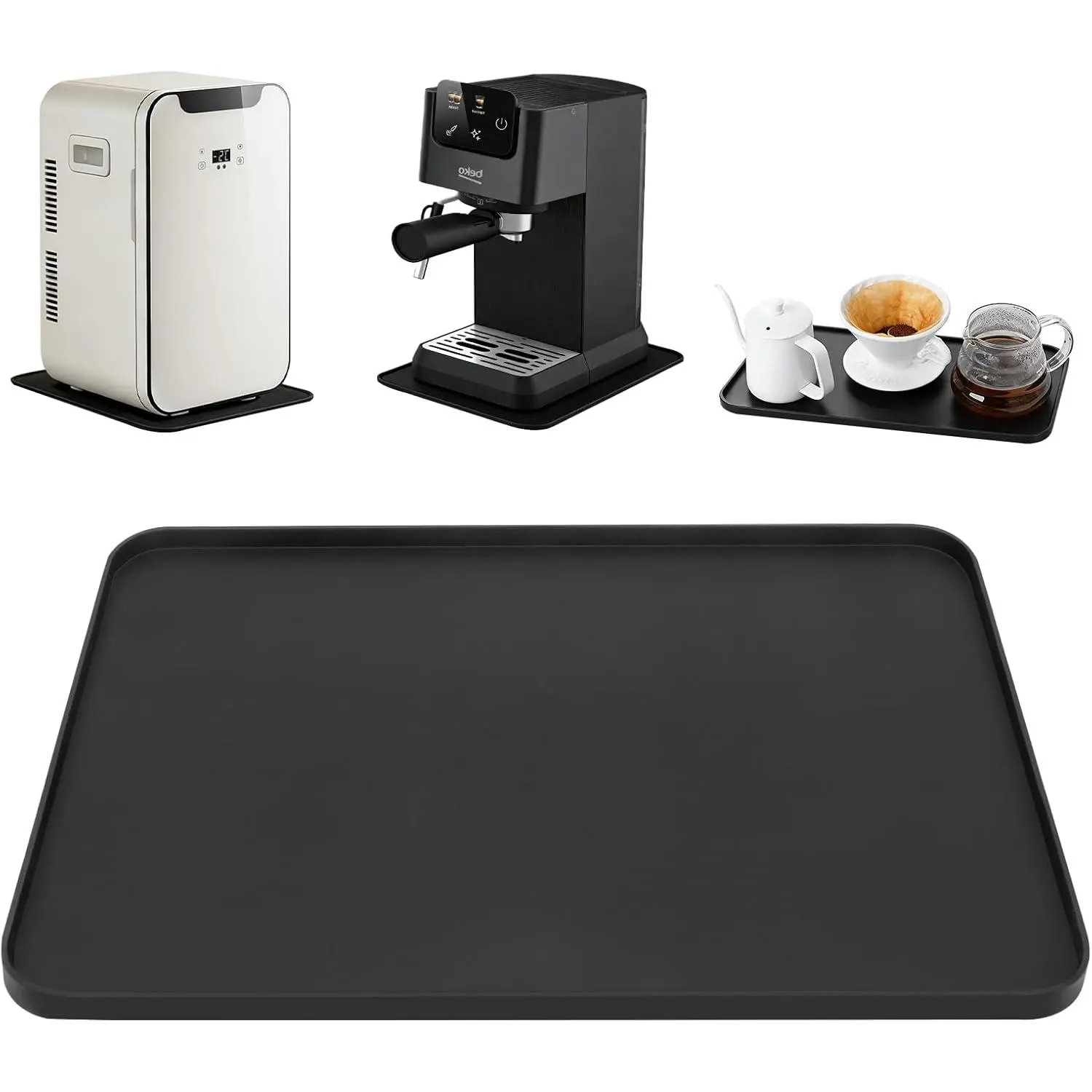 Mini Fridge Silicone Mat - 13" x 9" Convex Edge Drip Tray Under Refrigerator Mat - Carpet Floor Protector Leak Resistant Portable AC Pan for Washing Machine Black