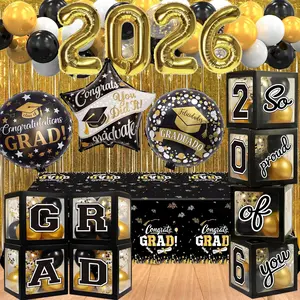 Black and Gold Graduation Decorations Class of 2026 - Balloon Boxes, Balloon Arch Garland Kit, Fringe Curtains, Party Decorations for 2026 Graduation Any Grades