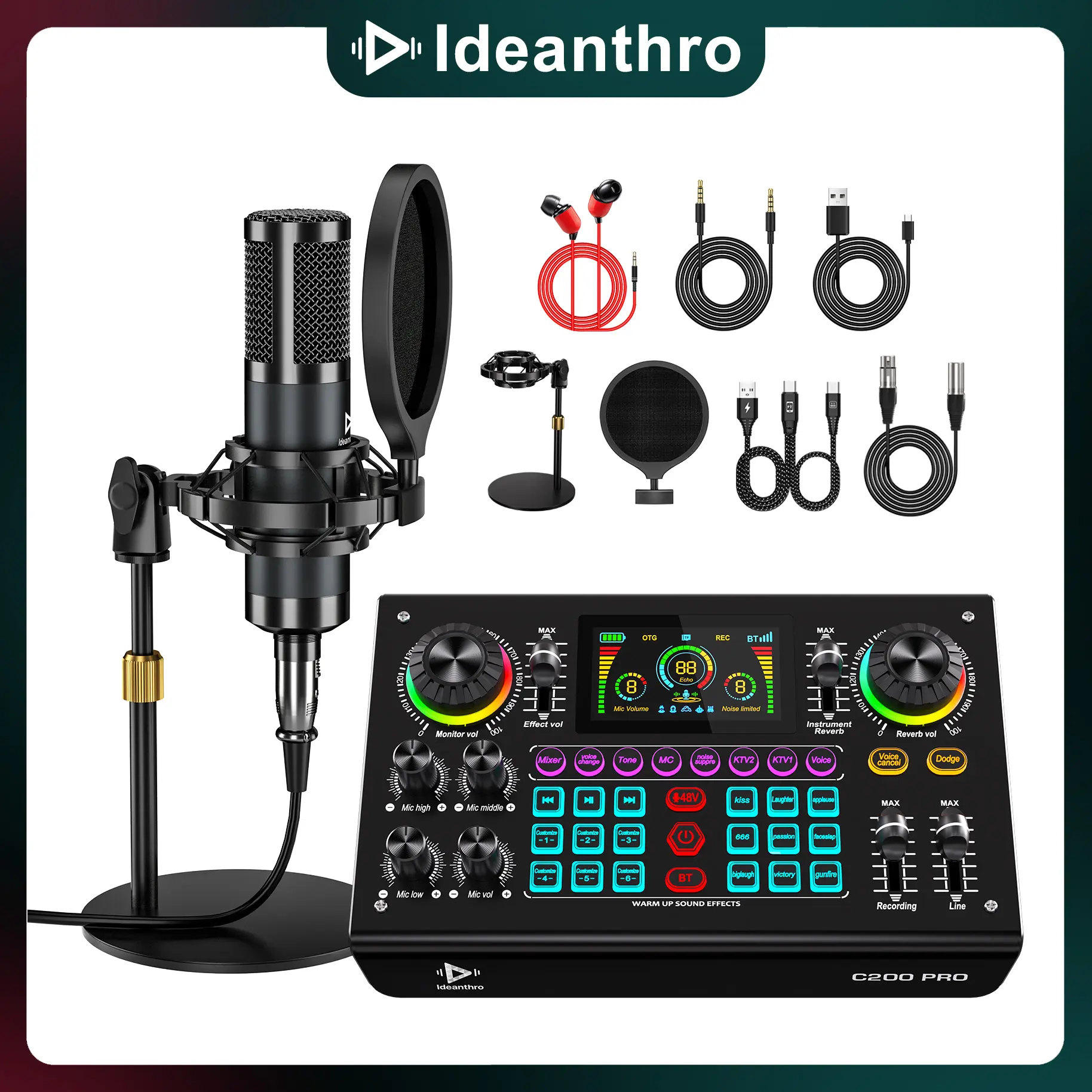 Ideanthro C200 PRO-P15 USB Audio Mixer Soundboard - Dual-Core DSP, Dual Mic & Headphone Outputs, Adjustable Tone, Multiple Voice-Changing Modes, Mainstream Live Streaming Platform Compatible for Contentcreator, Audio Recording, TikTokShopBlackFriday, Soun