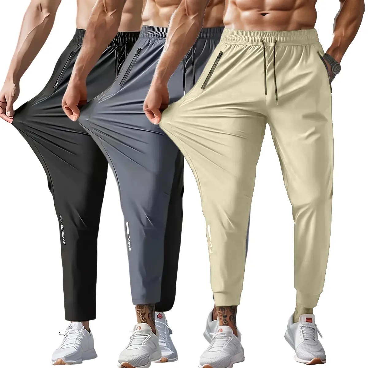 Summer quick drying sports casual pants, loose plus size ice silk air conditioning pants, couple style casual long pants, ice sense pocket zipper pants, ankle length nine inch pants, men's pants, suitable for running, jogging, yoga fitness and golf sports