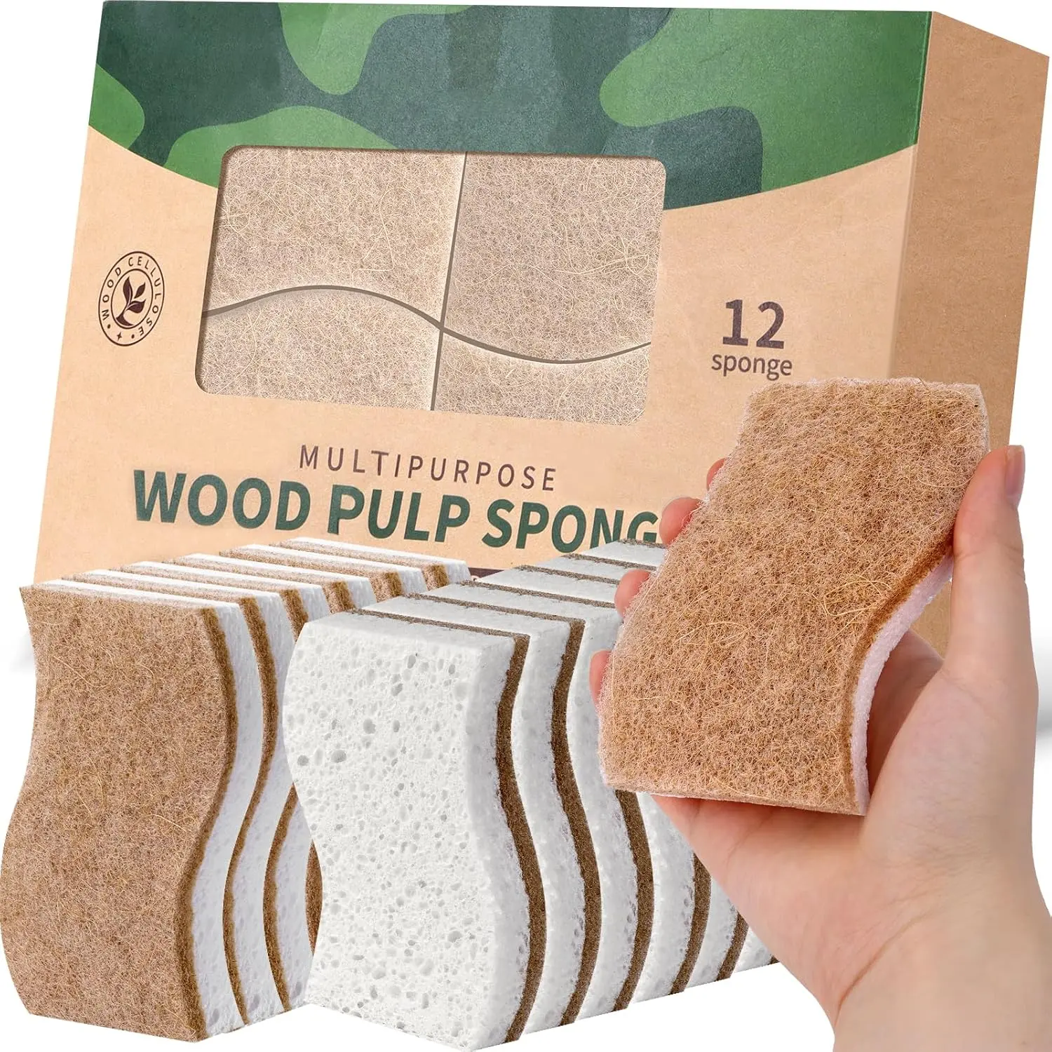 12Pack Natural Kitchen Sponge, Biodegradable Cellulose and Coconut Scrubber, Eco Friendly Sponges for Dishes