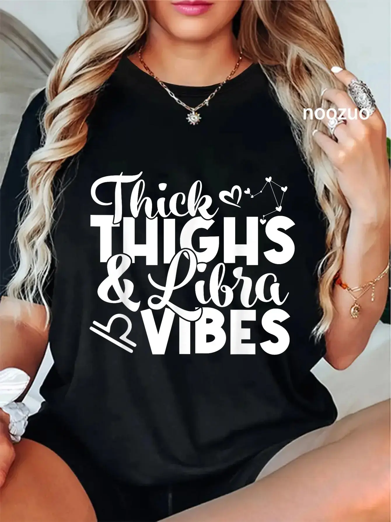 Women's Zodiac T-Shirt - Libra "Thick Thighs & Libra Vibes" Graphic, Unisex Round Neck Shortsleeve Casual Top, Machine Washable, All-Season Wear, Zodiac Women's T-Shirts