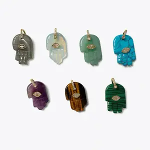 Hamsa Necklace in Sterling Silver with Natural Stone Pendant, Unisex Fashion Jewelry Charm with Eye Detail, Assorted Colors