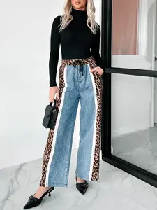 Women's Leopard Print Patchwork Jeans, Featuring A High - Waist Drawstring Design, Elastic Waist, White Stripe Decoration On The Sides, With A Casual And Sporty Style, Suitable For All Four Seasons.
