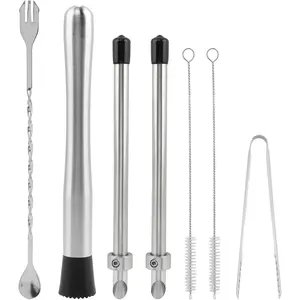 7PCS Straw Hole Puncher Set, 2pcs Straw Puncher for Lemonade Plastic Lids Cups, Cocktail Muddler, Mixing Rod Spoon, Ice Tweezers, 2pcs Brush, for Lemonade Stands Supplies