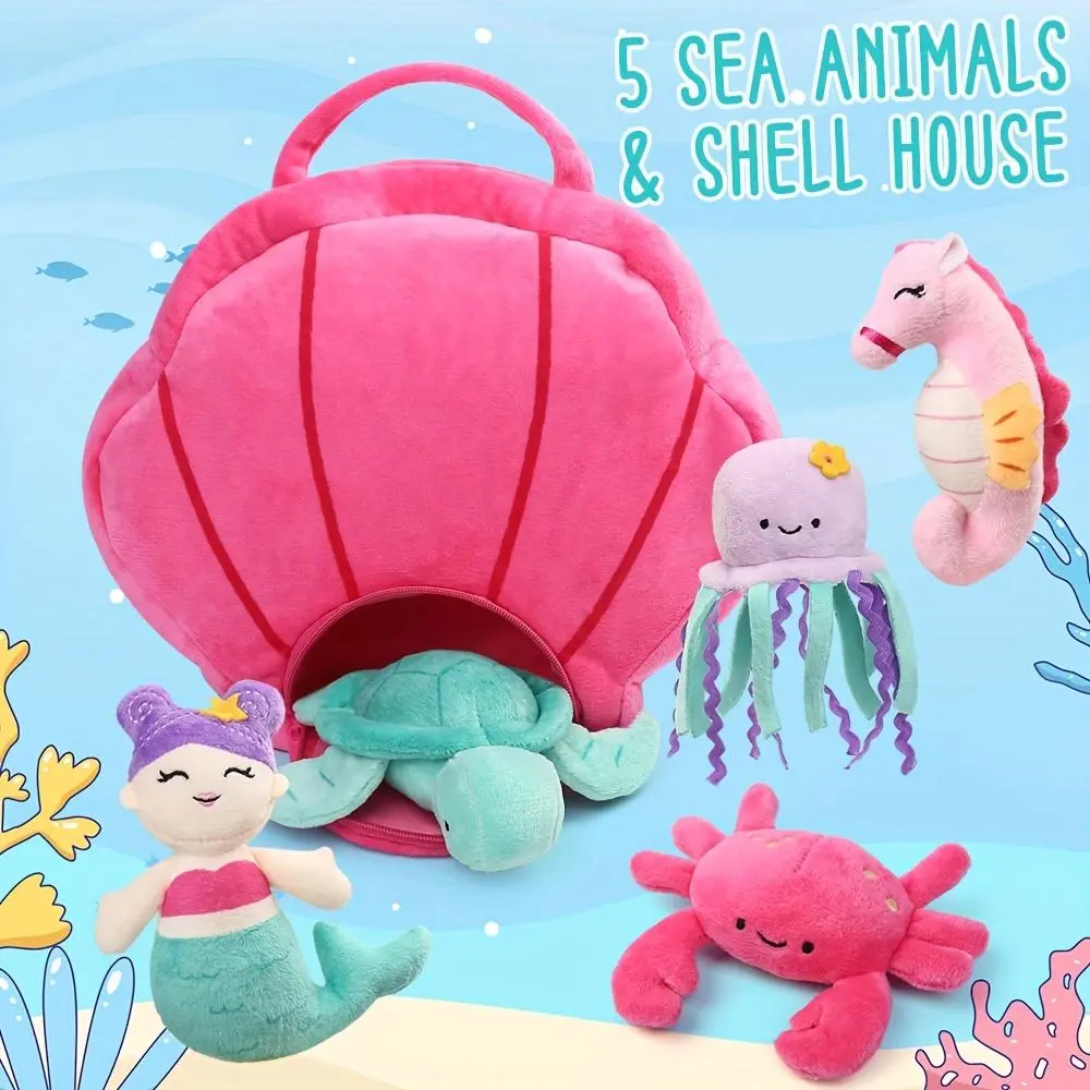 BenBen Ocean Stuffed Animal, 5PCS Small Sea Creature Plush Toys, Shell Carrying Bag Set, Cute Plushies for Baby Kids, Sea Turtle, Octopus, Mermaid, Seahorse, Crab, Girls Birthday Gifts, Christmas Gift