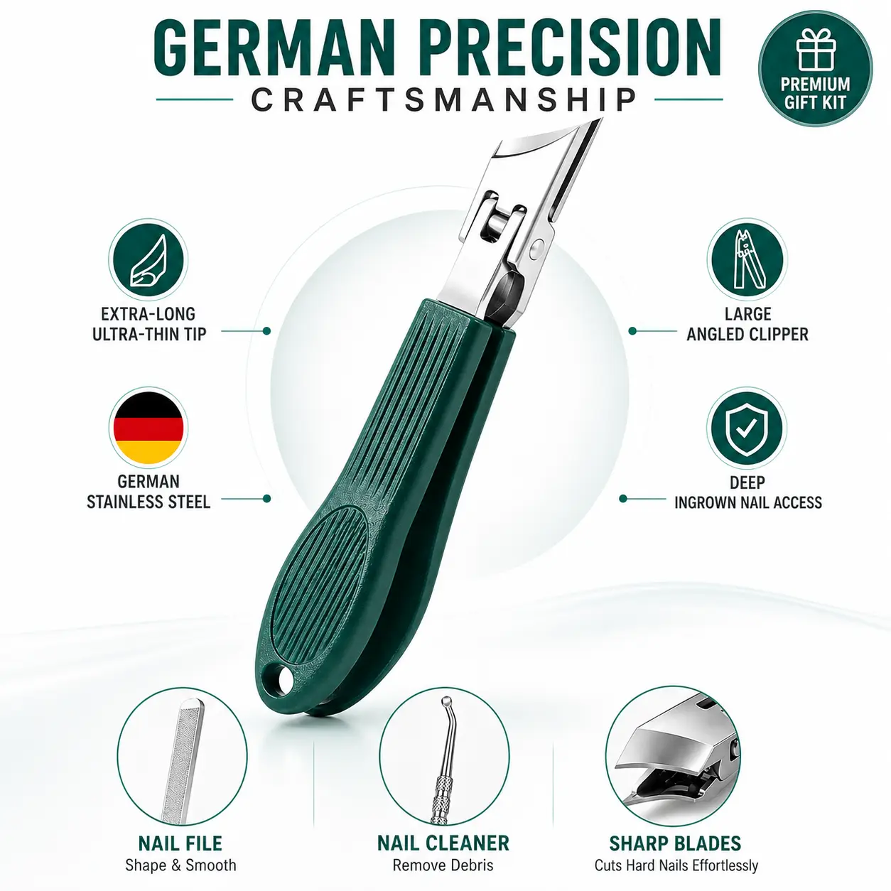 Nail Clipper Set Long Handle Wide Jaw 3-Piece Kit Green Beveled Eagle Beak Design Anti-Splash Large Opening for Thick Ingrown Nails