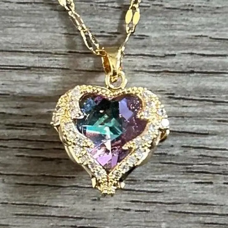 The Fortune Family 18K Gold Heart Stainless Plated Cubic Zirconia & Amethyst Heart Pendant Necklace 18" inch Chain Valentines Day Gifts Adjustable Love Necklace Length and Charm Girlfriend Mom Wife Gift
