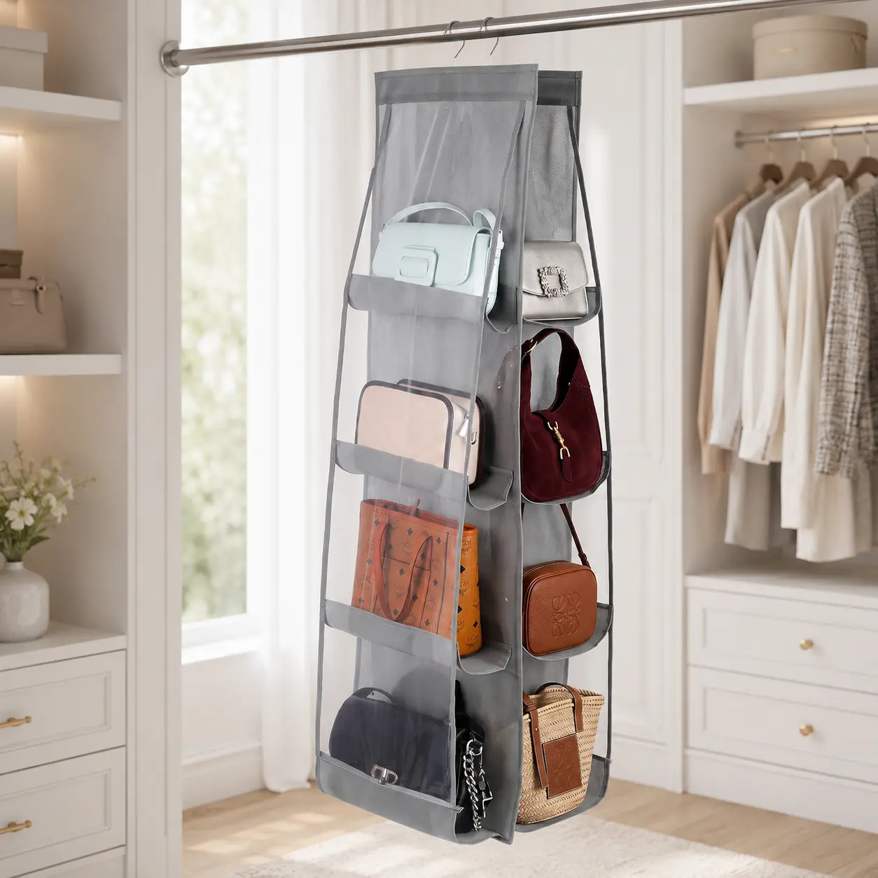 Vertical Hanging Pouch Storage Organizer, for Household Handbag & Small Bag Collection, 8-Pocket Space Saving Hanging Rack, Multi-Scene Wardrobe and Bedroom Storage Solution