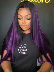 Black Purple Highlight 13x4 Lace Front Wig, Glueless Lace Wigs Money Piece Highlight Wig Free Part Yaki Straight Wig Pre Plucked Natural Hairline Heat-Resistant Synthetic Wig Music Festival Look Lace Frontal Wigs for Women Daily Wear 28 Inches