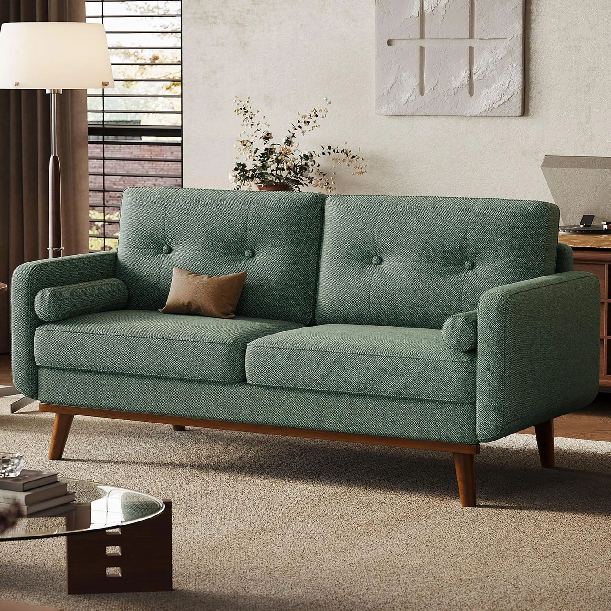 65"w x 29.1"d Mid-Century Modern Button-Tufted Low-Profile 2-Seater Linen Fabric Loveseat Sofa - Wood Frame, Breathable Cushions, Compact, Easy Setup, Anti-Slip Surface, Assembly Required, Indoor Living Room Dorm Room Furniture, Green
