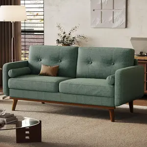 65" Mid-Century Modern Button-Tufted Low-Profile 2-Seater Loveseat Sofa - Linen Upholstery, Compact for Small Spaces, Breathable, Fits 2-3 People, Indoor Living Room Apartment Furniture, Green
