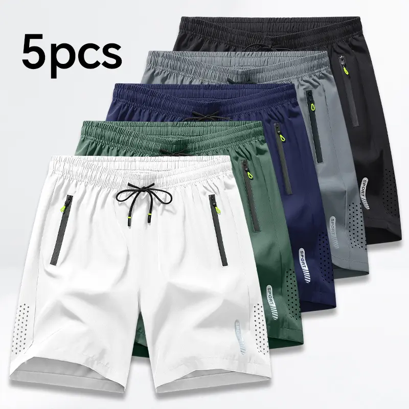 5PCS Men's Casual Athletic Shorts with Breathable Mesh and Zippered Pockets, Perfect for Summer Wear