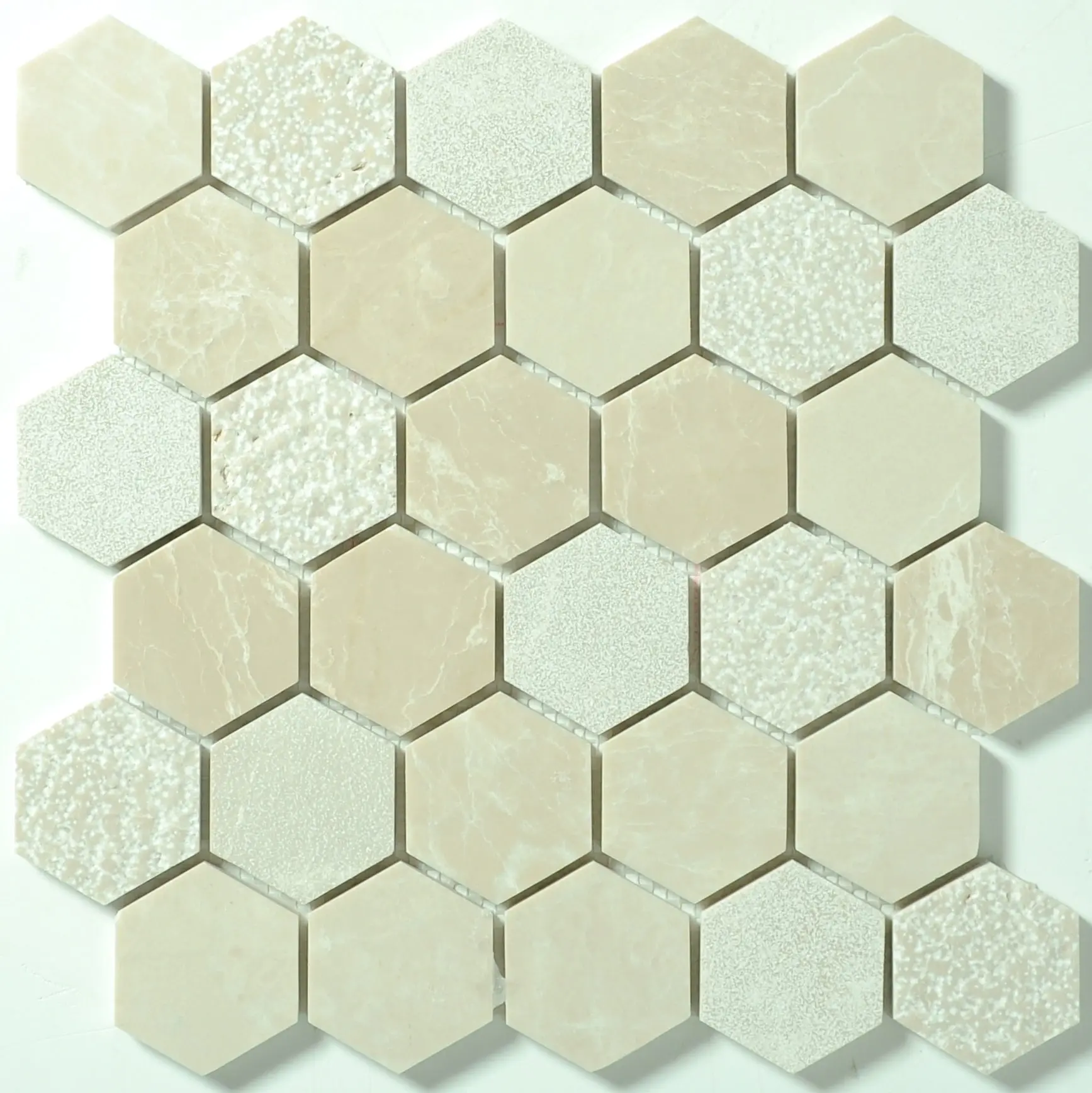 Marble Mosaic Tile, 2x2 Hexagon Shape, Mixed Surfaces with Textured Look, for Home Improvement Roofing & Flooring Building Supplies
