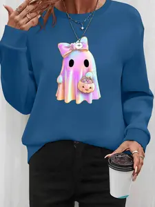 Women's Halloween Ghost Print Long Sleeve Round Neck Pullover Sweatshirt, Casual Fitted Kint Fabric, Fall & Winter Fashion, 9 Colors Available, Everyday, Womenswear