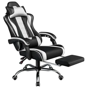 【Smart Buy】Costoffs Ergonomic Gaming Chair with Massage Lumbar Support, Retractable Footrest & Headrest – PU Leather Reclining Office Chair, Swivel Rolling Desk Chair for Tall Gamers