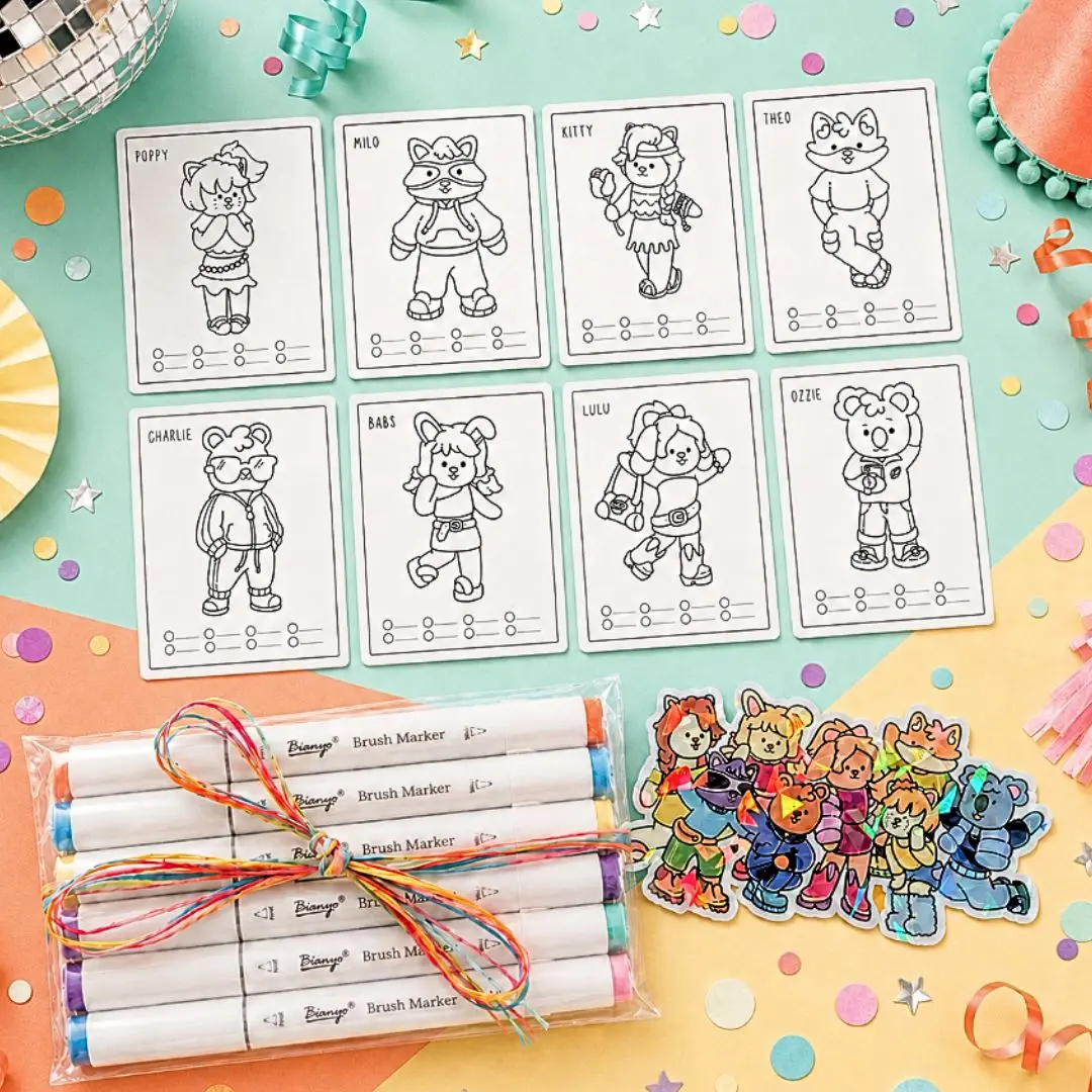 Party Animals 8-piece Coloring Swatch Cards Set | Bianyo Mystery Markers Bundle Upgrade