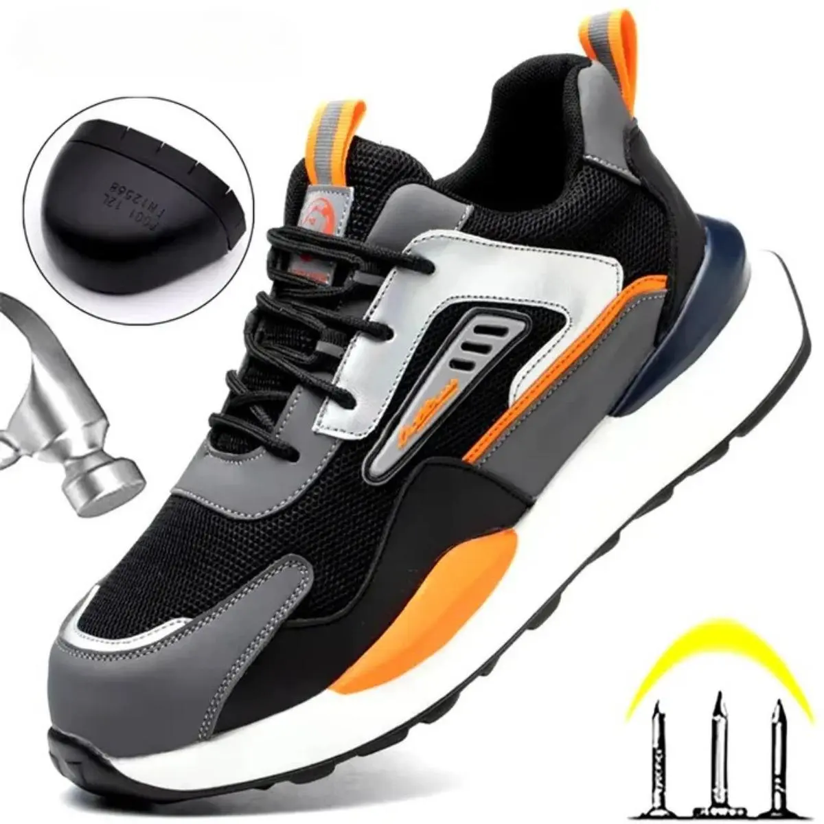 Men's Athletic Safety Sneakers, Color Block Polyester Mesh Work Shoes, Lightweight, Breathable, Slip-Resistant Footwear, Sneaker, Sports Shoes, Minimalist, Cotton, Work & Safety Footwear, Modest, Work Wear