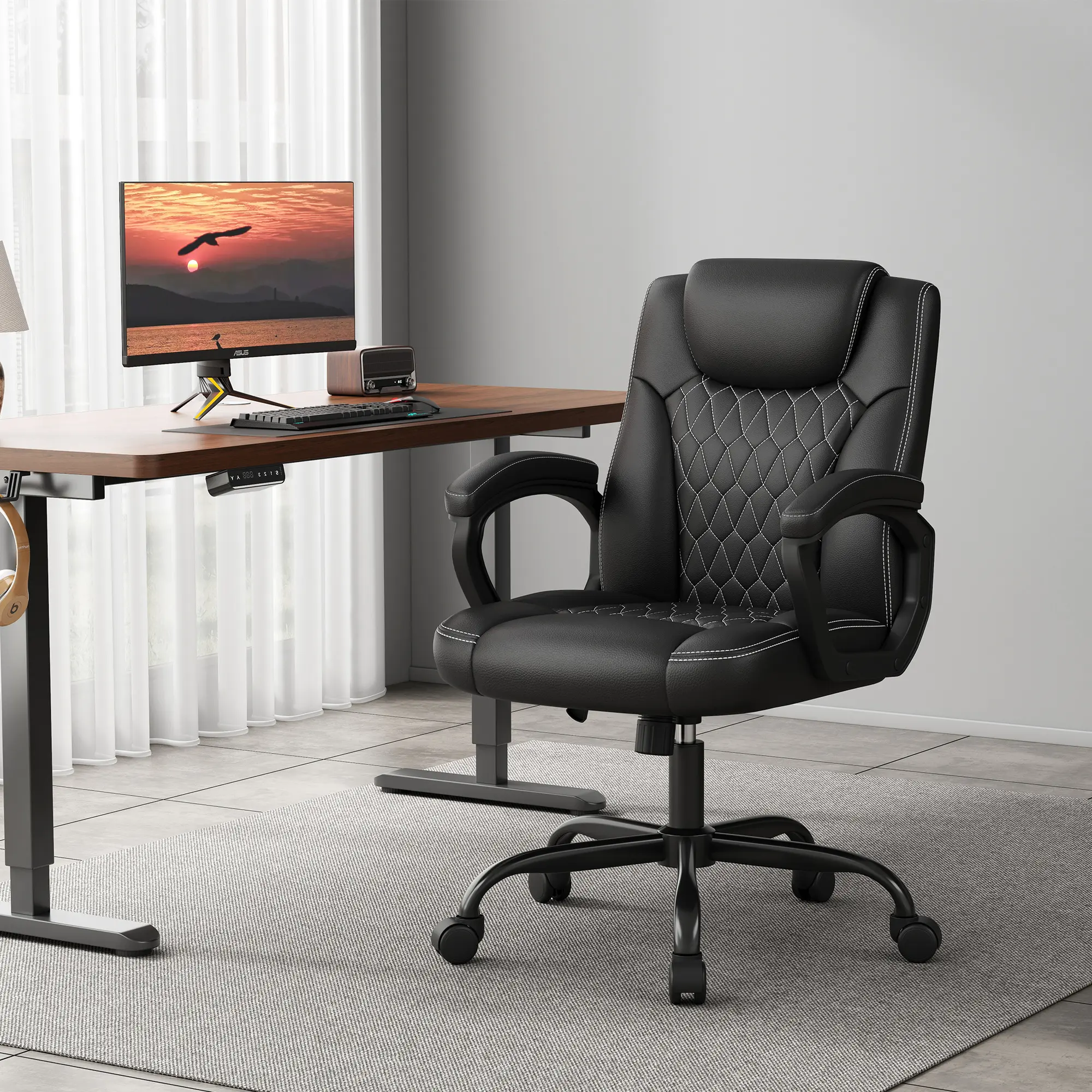 Office Chair, Executive Desk Chair, PU Leather Comfortable Executive Chairs with Fixed Armrest, Adjustable Height, Rocking Function, 360° Swivel Wheels, Black 0539 summergarden