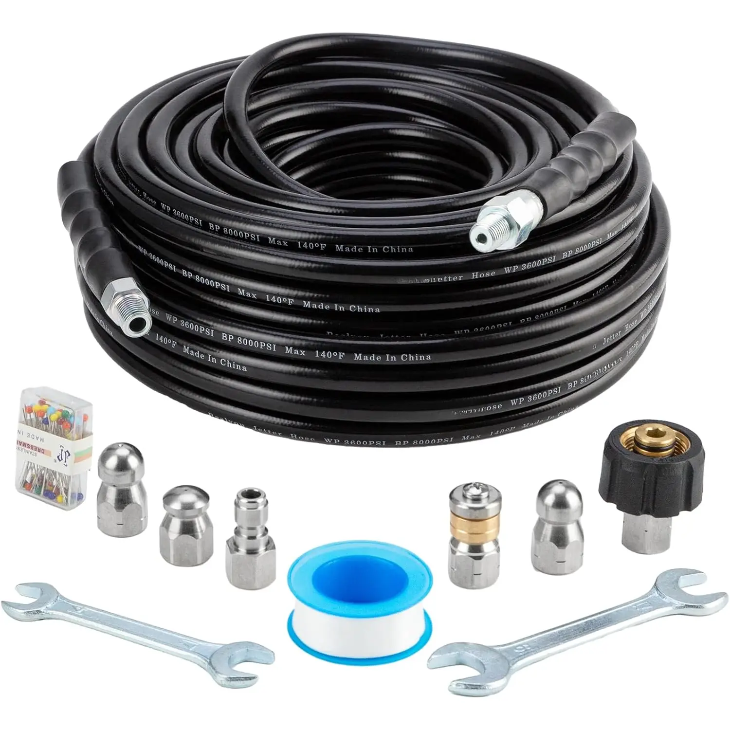Sewer Jetter Kit 100FT for  Washer,  Washer Drain Jetter with 5800PSI Cleaner Hose 1/4 Inch NPT, Corner, Rotating & Button Nose Sewer Jetting Nozzle Spanner  Tape  Pin