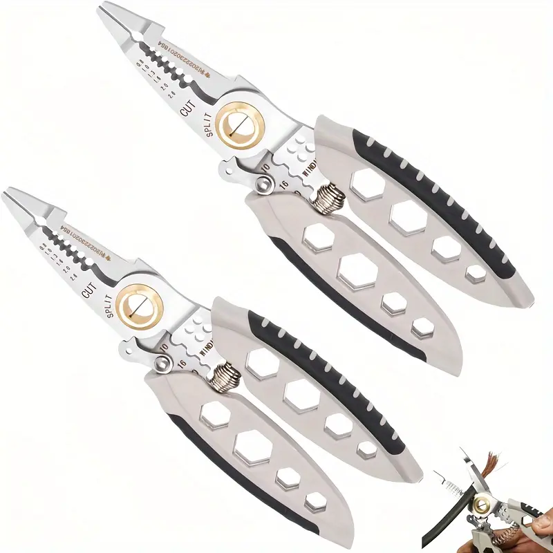 7-Inch Multi-Purpose Stainless Steel Wire Stripper Pliers with Central Locator - Professional Electrician Hand Tool for Electrical Wiring Work, with Cable Peeling, Cutting, Splitting, Crimping & Hex Wrench Functions heavy-duty square design