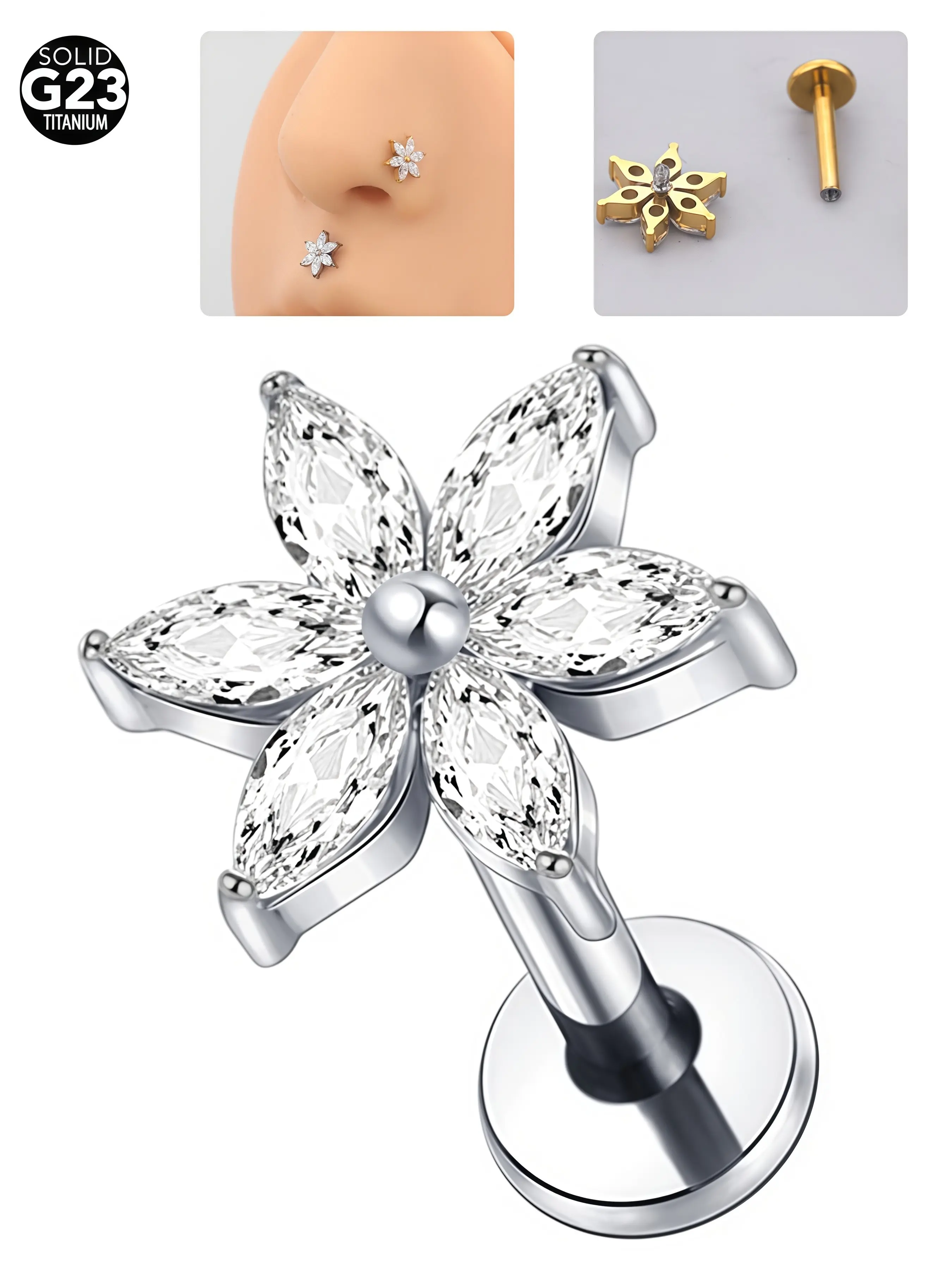 1pcs Titanium Crystal Flower Sparkling Tragus Piercing Earring, 16g 18g Cartilage Piercing Stud, Helix Conch Rook Lobe Earrings, Punk Style, Flower Jewelry, Surface Tragus Piercing Jewelry, Ear Studs, Trendy Earrings, Titanium Nose Hoops