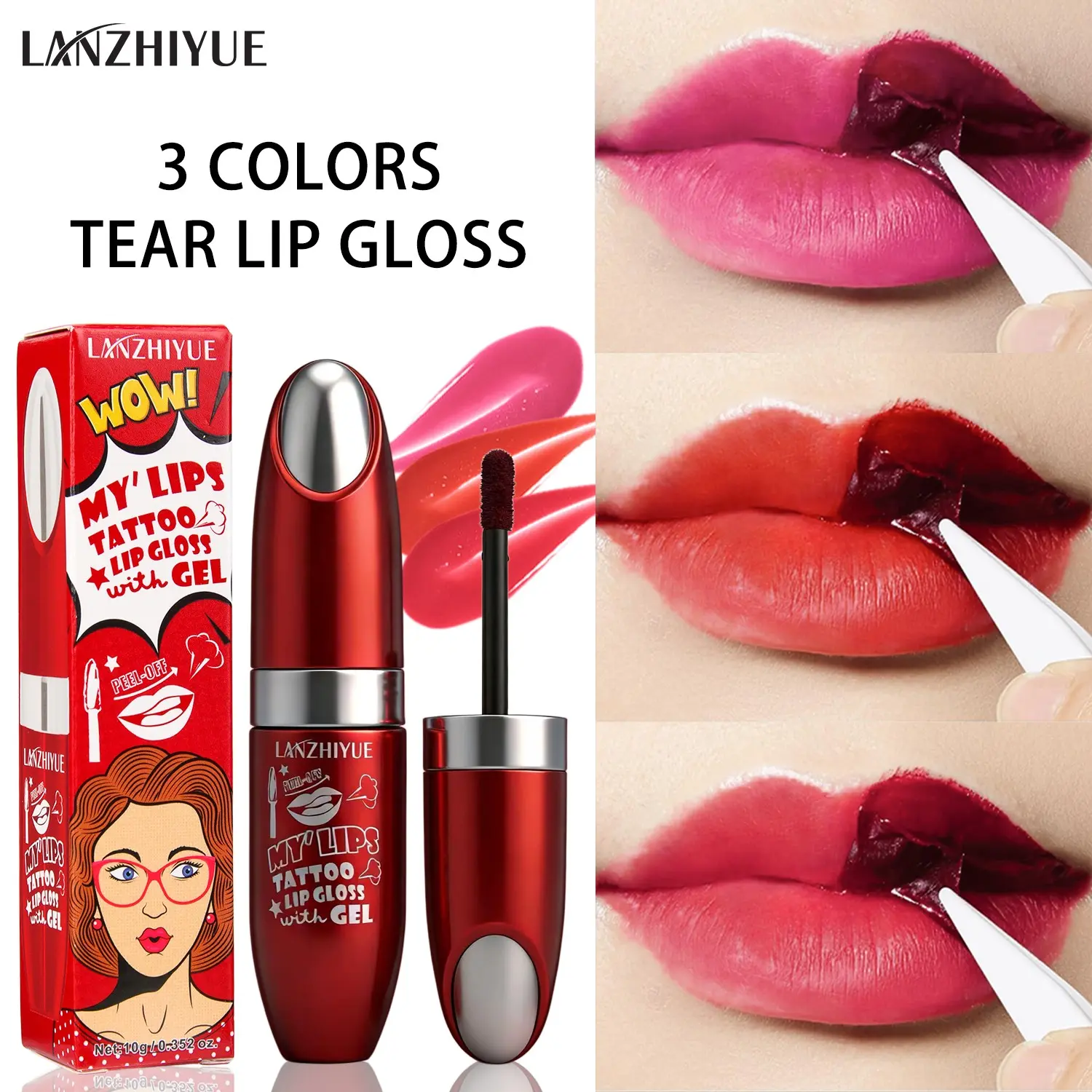 Peel off Lip Stain Lip Tint, Long Lasting Waterproof Non-Stick Cup, Non-Fade Liquid Makeup Lipstick Set, Magic Color Lip Oil, Matte, 10g, Lipgloss