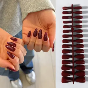 300pcs Retro Wine Almond Tip Nails, High-End Pure Color Removable Nail Stickers, No Glue, Reusable for Parties and Commuting, Almond Shape, No Glue Needed
