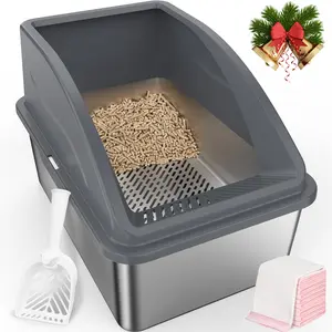 XXL Stainless Steel Cat Litter Box for Pine Pellet/Non-Clumping System, Sifting Litter Pan with Cover for Big Cats, High Sides Prevent Leaks, Non-Stick Base