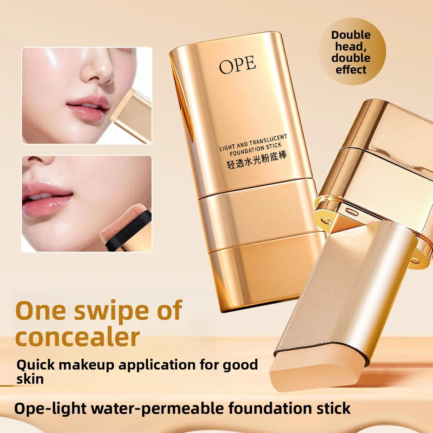 Dewy Foundation Stick, Waterproof Sweatproof, All-Day Wear,  Brush for Quick Application, High Coverage Conceals Acne & Spots, Creates Natural Dewy Skin, Ideal for Lazy Beginners Daily Commute