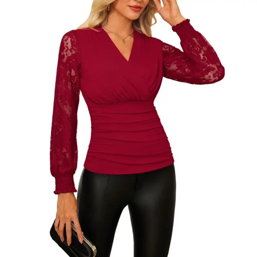 Grace Karin Women's Chic Long Sleeve Polyester Blend Blouse - Elegant Lace Sleeves, Wrap Design, Ruched Detail, Dress Casual Going Out Top, 2026 Summer Fashion Outfit, Evening