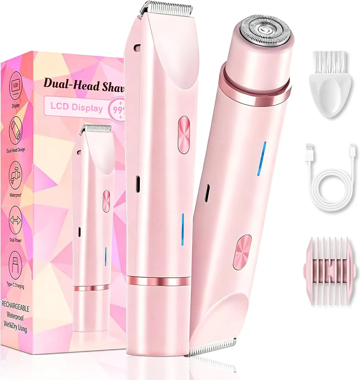 2-in-1 Bikini Trimmer for Women, Electric Razor with Dual Head, IPX7 Waterproof USB Rechargeable Bikini Shaver, Pubic Hair Trimmer for Face, Legs, Underarms & Body Hair Removal, Pink