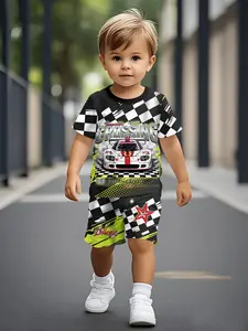 Black and white checkered racing print children's casual digital printed baby short-sleeve set, casual kids' clothing for babies, T-shirt suitable for daily wear and outdoor sports, 100% polyester, the perfect gift for infants and young children!