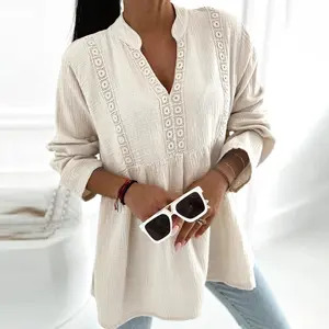 ChicMe Women's Notch Neck Long Sleeve Shirt Contrast Lace Loose Fit Casual Blouse