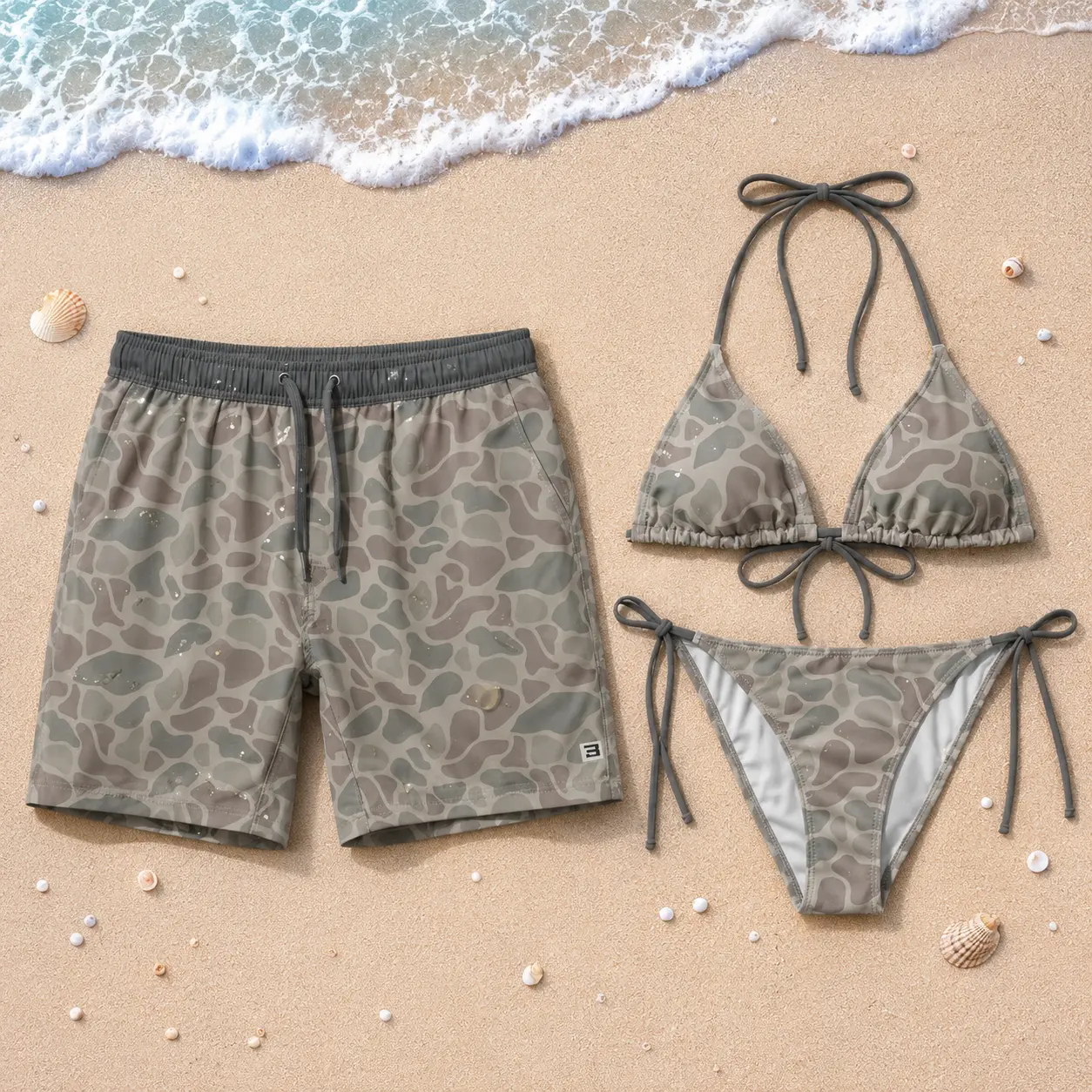 Gray Camo Matching Couple Swimsuits – Women’s Tie-Side Bikini & Men’s Drawstring Board Shorts, Summer Beach Vacation Swimwear Set