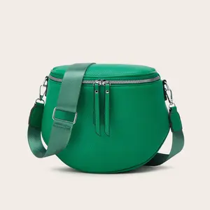 Stylish Retro Saddle Bag Lychee Grain Women's Wide Strap Shoulder Crossbody Bag