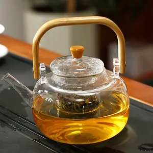 34oz Clear Borosilicate Glass Teapot - Glass Tea Kettle with Bamboo Handle, Removable Infuser, Heat Resistant Loose Leaf Tea Brewer 1000Ml